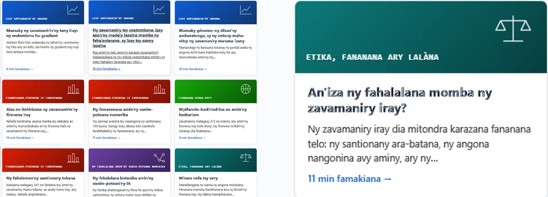 Portal knowledge base shown in Malagasy, with articles and guides