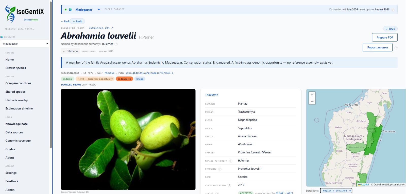 A species page in the IsoGentiX Flora Portal: Abrahamia louvelii, with plant image, sourced taxonomy, conservation status and a regional distribution map